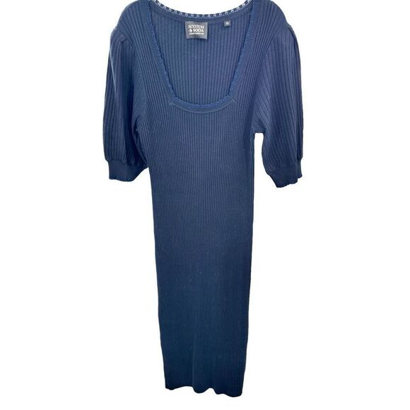 Scotch & Soda Blue Ribbed Knit Midi Dress Size XL Balloon Sleeve Square Neck - Picture 1 of 9